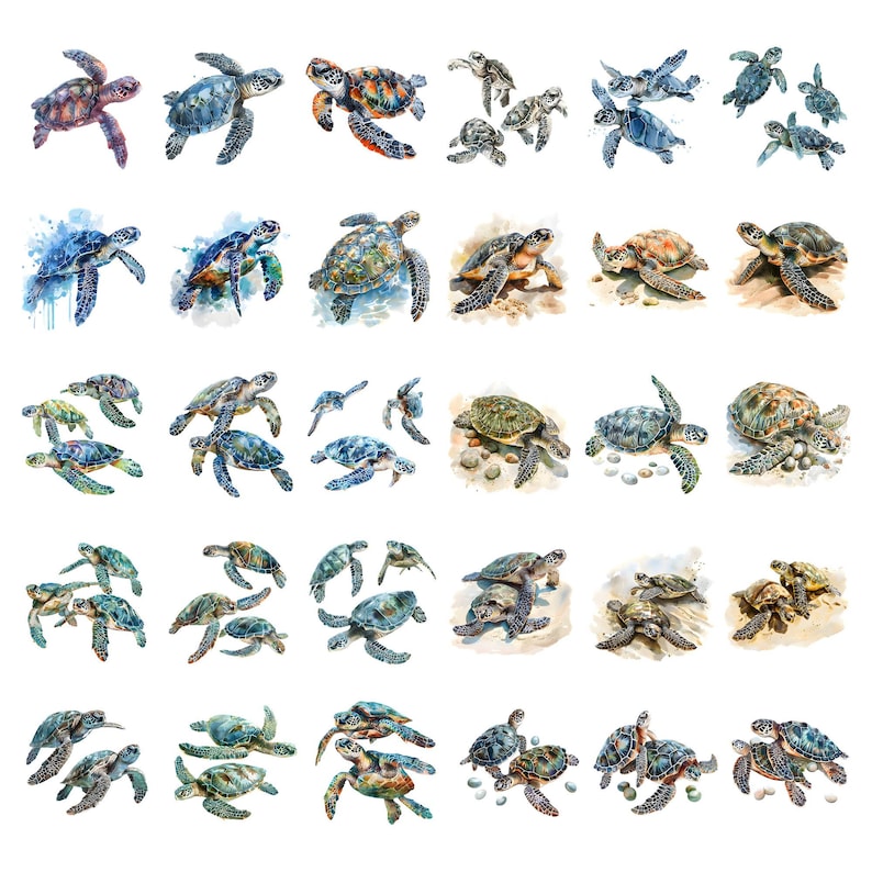 May include: Watercolor painting of 25 sea turtles in various poses. The turtles are painted in shades of green, blue, and brown. Some turtles are swimming, while others are resting on the ocean floor.