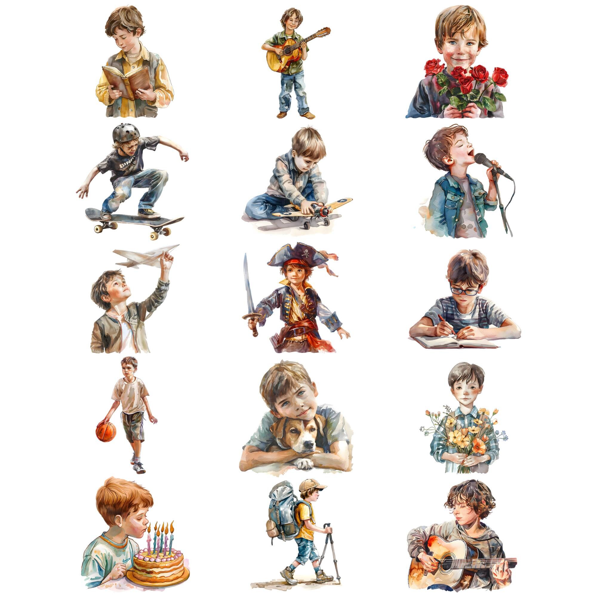 Watercolor Cute Boys Clipart Bundle, Teenage Boy Clipart, Children ...