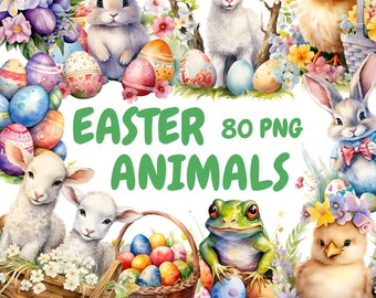 Watercolor Easter Animals Clipart Bundle, Cute Easter Animals PNG, Happy Easter Graphics, Instant Digital Download For Commercial Use