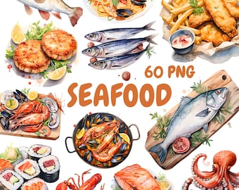 Watercolor Seafood Clipart Bundle, Seafood Dishes Clipart, Lobster Illustrations, Transparent PNG Graphics, Commercial Use