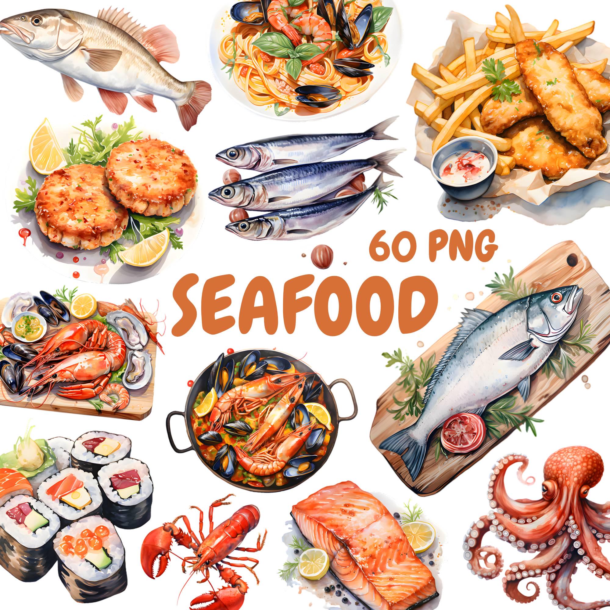 Watercolor Seafood Clipart Bundle, Seafood Dishes Clipart, Lobster ...