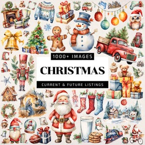 May include: A watercolor collage featuring Christmas-themed illustrations. The image includes a snowman, Santa Claus, a gingerbread man, a Christmas tree, and various gift boxes. Text on the image reads "1000+ IMAGES CHRISTMAS CURRENT & FUTURE LISTINGS."