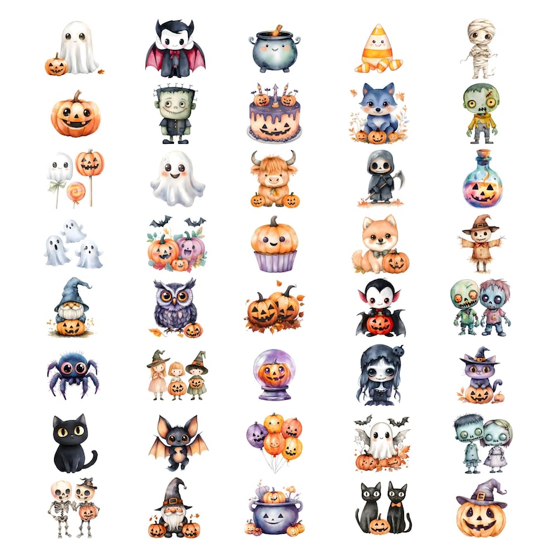 May include: A collection of watercolor Halloween-themed stickers featuring ghosts, pumpkins, bats, vampires, and other spooky characters. The stickers are in various shapes and sizes, with vibrant colors and intricate details.