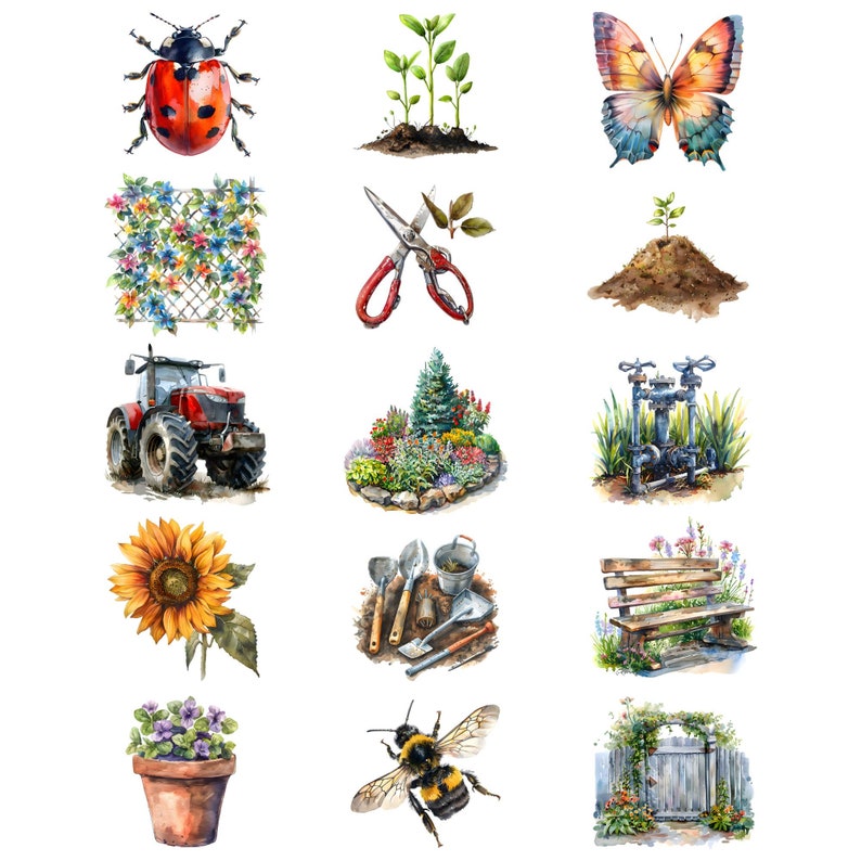 Pu&ograve; includere: Illustrazioni ad acquerello di vari elementi da giardino, tra cui una coccinella, una farfalla, un trattore, un girasole, una panchina, un cancello da giardino, un sistema di irrigazione, una pianta in vaso, attrezzi da giardino e un piccolo giardino fiorito.