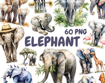 Watercolor Elephant Clipart Bundle, African Elephant Clipart, Elephant Illustrations, Transparent PNG Graphics, Commercial Use