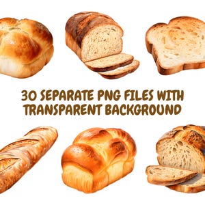 K&ouml;nnte beinhalten: Aquarellillustrationen verschiedener Brotsorten, darunter ein Brotlaib mit Scheiben, ein Baguette und eine Challah. Das Bild enth&auml;lt auch den Text "30 SEPARATE PNG FILES WITH TRANSPARENT BACKGROUND."