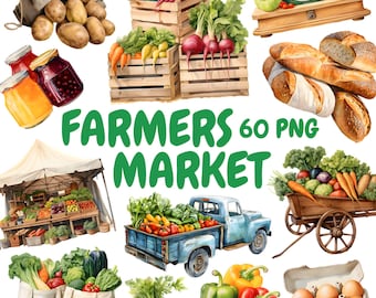 Watercolor Farmers Market Clipart Bundle, Farm Food Clipart, Vegetable Illustrations, Transparent PNG Graphics, Commercial Use