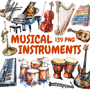 Zestaw clipartów akwarelowych instrumentów muzycznych, cliparty instrumentów zespołu, ilustracje instrumentów, przezroczysta grafika PNG, wykorzystanie komercyjne