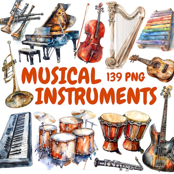 Bundle de cliparts aquarelle instruments de musique, clipart instruments de groupe, illustrations d'instruments, graphiques PNG transparents, usage commercial