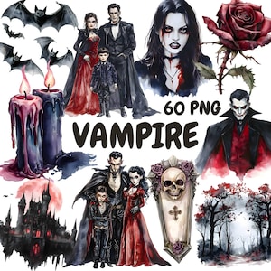 Bundle de cliparts vampire aquarelle, clipart vampire Halloween, graphismes de créature gothique, téléchargement numérique instantané pour un usage commercial