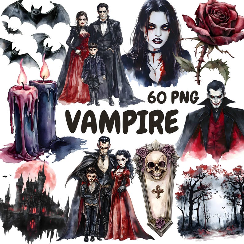 Puede incluir: Un conjunto de 60 ilustraciones digitales con tem&aacute;tica de vampiros. Las ilustraciones incluyen una pareja de vampiros, una familia de vampiros, un vampiro en un ata&uacute;d, un vampiro con una rosa, un vampiro con un murci&eacute;lago y un castillo de vampiros. Las ilustraciones est&aacute;n en estilo acuarela y son perfectas para crear decoraciones de Halloween espeluznantes o proyectos de manualidades.