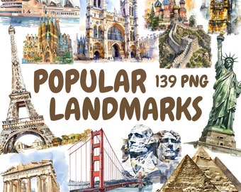 Watercolor Popular Landmarks Clipart Bundle, Famous Monuments Clipart, Landmarks Illustrations, Transparent PNG Graphics, Commercial Use