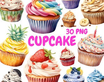 Watercolor Cupcake Clipart Bundle, Sweet Treats Clipart, Bakery Illustrations, Transparent PNG Graphics, Commercial Use