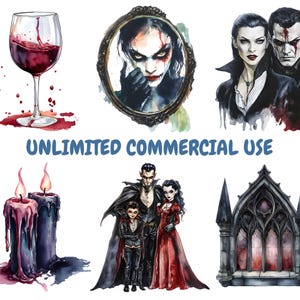 Puede incluir: Un conjunto de ilustraciones digitales que presenta una familia de vampiros, una ventana g&oacute;tica, una copa de vino tinto y dos velas. La ilustraci&oacute;n est&aacute; realizada en estilo acuarela con una paleta de colores oscuros y melanc&oacute;licos.