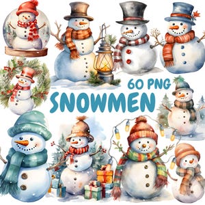 Watercolor Snowmen Clipart Bundle, Cute Snowman Clipart, Winter Snowman Graphics, Instant Digital Download For Commercial Use