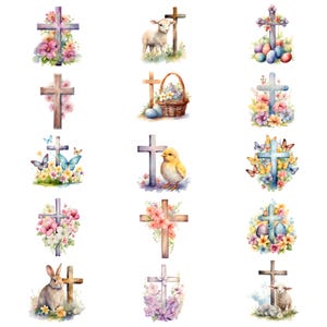 Watercolor Easter Cross Clipart Bundle, Floral Easter Cross PNG, Happy ...