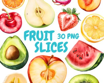 Aquarell Obstscheiben Bundle, Sommer Essen Clipart, Obst Illustrationen, transparente PNG Grafiken, kommerzielle Nutzung