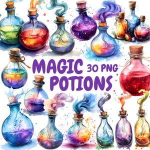 Aquarel toverdrankjes clipartbundel, heksendrankjes clipart, drankje illustraties, transparante png-afbeeldingen, commercieel gebruik