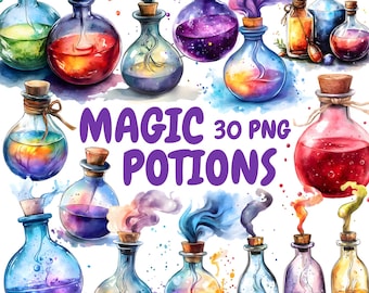 Watercolor Magic Potions Clipart Bundle, Witch Potions Clipart, Potion Illustrations, Transparent PNG Graphics, Commercial Use