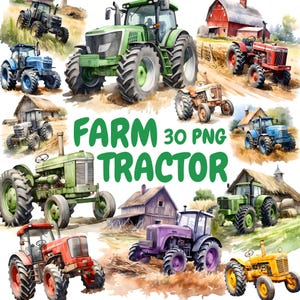 Pacchetto Clipart di trattori agricoli ad acquerello, Clipart di trattori d'epoca, Illustrazioni di trattori, Grafica PNG trasparente, Uso commerciale