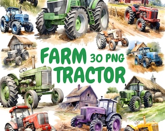 Watercolor Farm Tractor Clipart Bundle, Vintage Tractor Clipart, Tractor Illustrations, Transparent PNG Graphics, Commercial Use