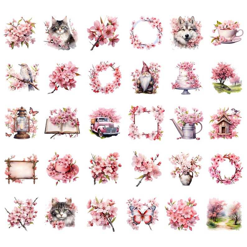 Watercolor Cherry Blossoms Clipart Bundle, Japanese Sakura Clipart ...