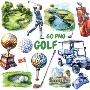 Bundle di clipart di golf ad acquerello, clipart di mazza da golf, illustrazioni di golf, grafica PNG trasparente, uso commerciale
