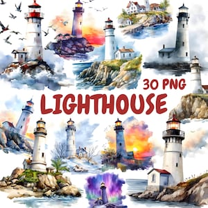 Watercolor Lighthouse Clipart Bundle, Beach House Clipart, Lighthouse Illustrations, Transparent PNG Graphics, Commercial Use