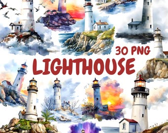 Watercolor Lighthouse Clipart Bundle, Beach House Clipart, Lighthouse Illustrations, Transparent PNG Graphics, Commercial Use