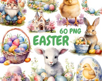 Watercolor Easter Clipart Bundle, Spring Easter Animals PNG, Happy Easter Graphics, Instant Digital Download For Commercial Use