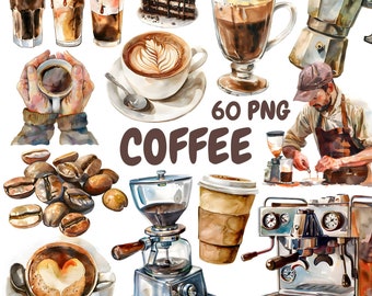Watercolor Coffee Clipart Bundle, Coffee Lover Clipart, Cappuccino Illustrations, Transparent PNG Graphics, Commercial Use