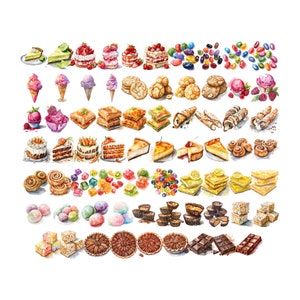May include: A watercolor illustration of a variety of sweet treats, including cakes, pies, cookies, candies, and ice cream. The illustration is arranged in rows, with each row featuring a different type of dessert.