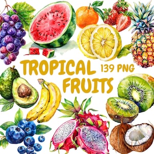 Aquarel tropische vruchten clipart bundel, gezonde voeding clipart, fruit illustraties, transparante PNG-afbeeldingen, commercieel gebruik