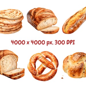 K&ouml;nnte beinhalten: Illustration verschiedener Backwaren, darunter Fladenbrot, ein geschnittenes Brot, ein Baguette, eine Brezel und ein geflochtenes Brot. Der Text "4000 x 4000 px, 300 DPI" ist im Bild enthalten.