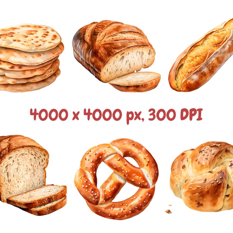 K&ouml;nnte beinhalten: Illustration verschiedener Backwaren, darunter Fladenbrot, ein geschnittenes Brot, ein Baguette, eine Brezel und ein geflochtenes Brot. Der Text "4000 x 4000 px, 300 DPI" ist im Bild enthalten.