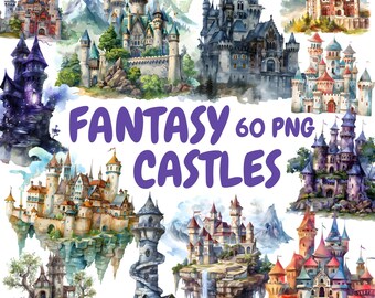 Aquarel fantasiekastelen clipartbundel, sprookje clipart, kasteelillustraties, transparante png-afbeeldingen, commercieel gebruik