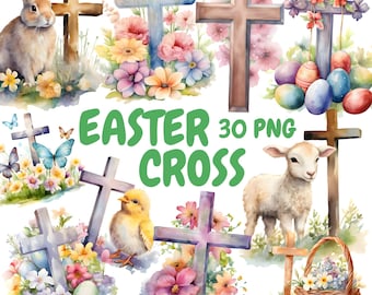Paquete de imágenes prediseñadas de cruz de Pascua en acuarela, cruz de Pascua floral PNG, gráficos de Pascua, descarga digital instantánea para uso comercial