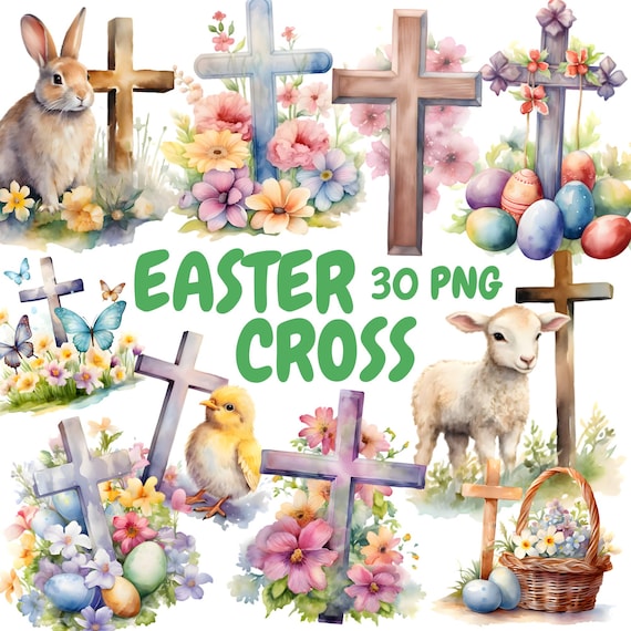 Watercolor Easter Cross Clipart Bundle, Floral Easter Cross PNG, Happy Easter Graphics, Instant Digital Download For Commercial Use