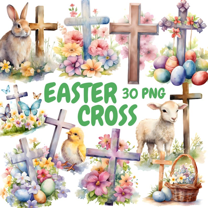 Puede incluir: Un conjunto de 30 im&aacute;genes PNG de cruces de Pascua en acuarela. Las cruces est&aacute;n decoradas con flores, un cordero, un pollito y huevos de Pascua. Las im&aacute;genes son perfectas para crear tarjetas de Pascua, invitaciones y otras manualidades.