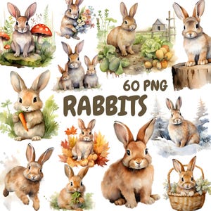 Watercolor Rabbits Clipart Bundle, Cute Bunny Clipart, Rabbit Illustrations, Transparent PNG Graphics, Commercial Use