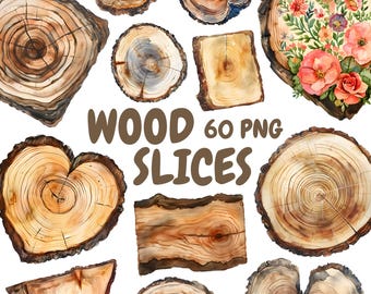 Watercolor Wood Slices Clipart Bundle, Tree Slices Clipart, Forest Illustrations, Transparent PNG Graphics, Commercial Use