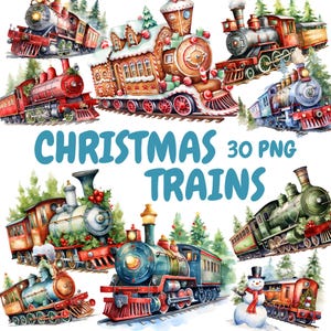 Paquete de imágenes prediseñadas de trenes navideños en acuarela, imágenes prediseñadas de trenes navideños, gráficos de locomotoras rojas, descarga digital instantánea para uso comercial