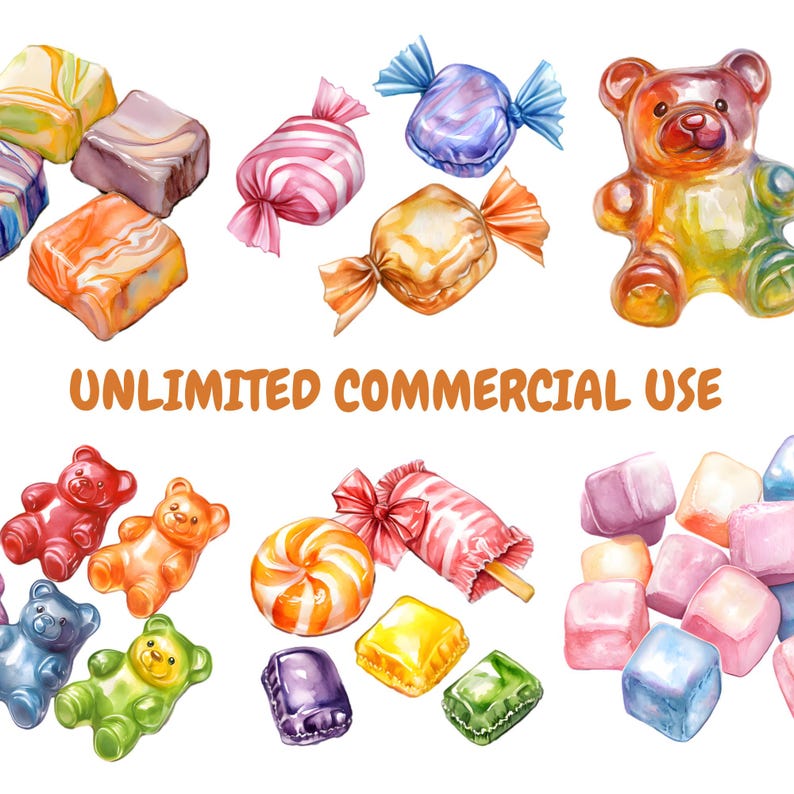 May include: A collection of colorful candy and gummy bear illustrations, including a lollipop, wrapped candies, and jelly bears. The text "UNLIMITED COMMERCIAL USE" is displayed at the bottom of the image.