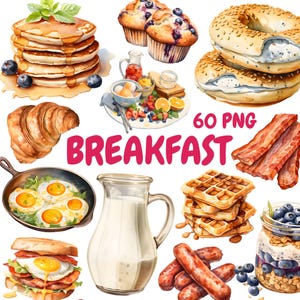 Paquete de imágenes prediseñadas de desayuno en acuarela, imágenes prediseñadas de comida de la mañana, ilustraciones de alimentos, gráficos PNG transparentes, uso comercial