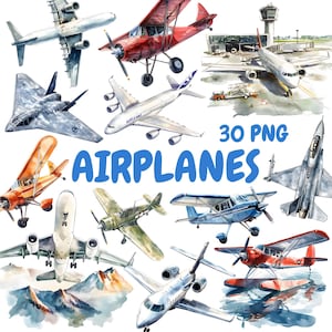 Watercolor Airplanes Clipart Bundle, Cargo Plane Clipart, Aircraft Illustrations, Transparent PNG Graphics, Commercial Use