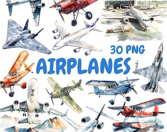 Aquarell Flugzeuge Clipart Bundle, Frachtflugzeug Clipart, Flugzeugillustrationen, transparente PNG-Grafik, kommerzielle Nutzung