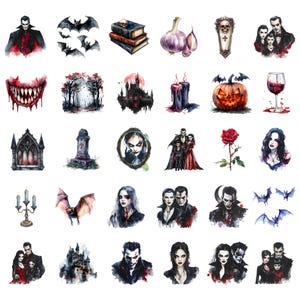 Puede incluir: Un conjunto de 25 ilustraciones de acuarela con temas g&oacute;ticos y de Halloween. Las ilustraciones incluyen murci&eacute;lagos, vampiros, calabazas, castillos y otras im&aacute;genes espeluznantes.
