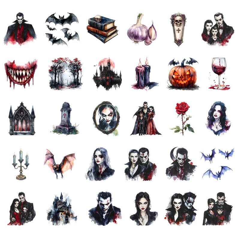 Puede incluir: Un conjunto de 25 ilustraciones de acuarela con temas g&oacute;ticos y de Halloween. Las ilustraciones incluyen murci&eacute;lagos, vampiros, calabazas, castillos y otras im&aacute;genes espeluznantes.