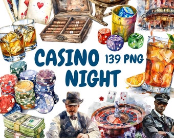 Watercolor Casino Night Clipart Bundle, Las Vegas Clipart, Casino Illustrations, Transparent PNG Graphics, Commercial Use