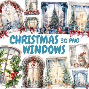 Può includere: Un set di 30 illustrazioni digitali di finestre natalizie. Le finestre sono decorate con ghirlande, festoni e altre decorazioni festive. Alcune finestre hanno una vista di un paesaggio innevato, mentre altre hanno una vista di un albero di Natale.